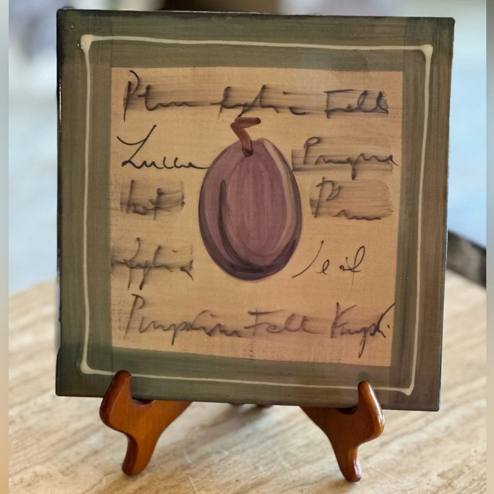 Crate & Barrel Tile Trivet Plum Made in Italy Hand Painted 8”x8” Tile Only